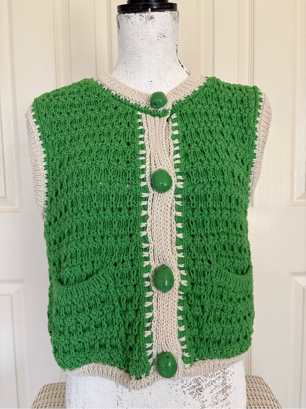 Zara Green & Cream Crochet Button Front Vest